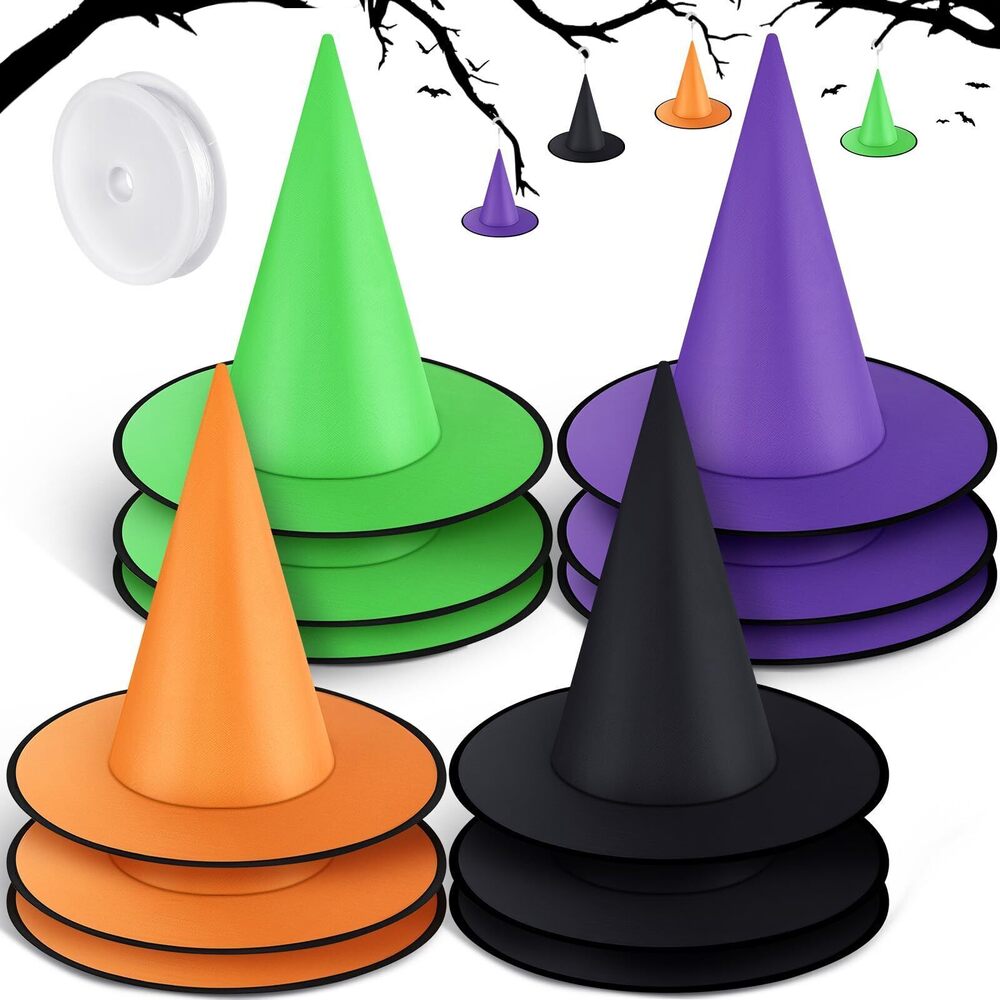 7915 12 Pcs Halloween Witch Hat Bulk Hanging Decor with Rope Costume